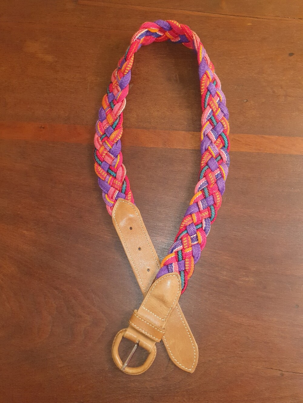 Braided Multicolor Leather-Trim Women's Belt - Pink & Purple